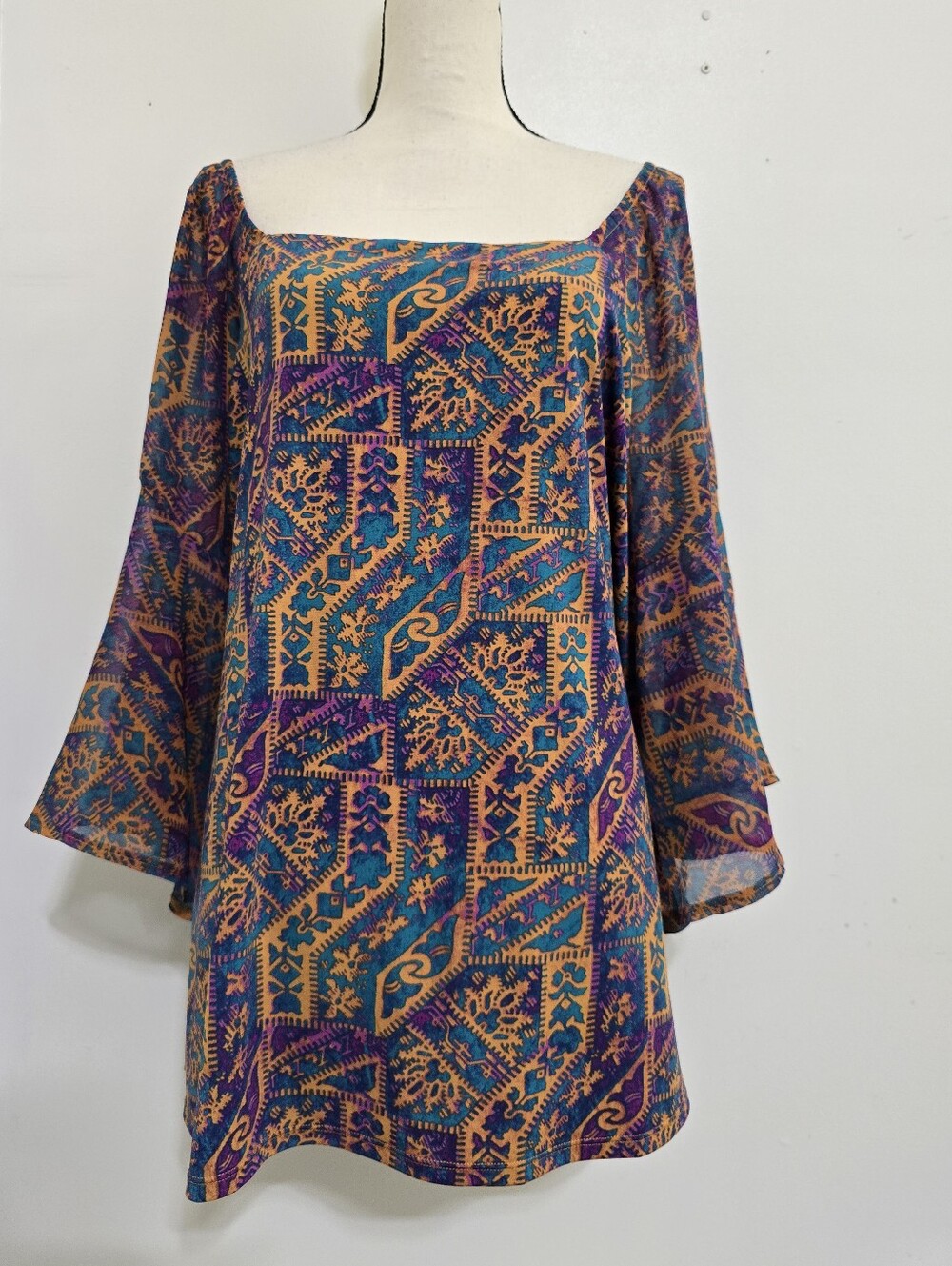 CATO size XL Square Neck Flared Slit Sleeve Hippie Aztec Festival Boho Tunic